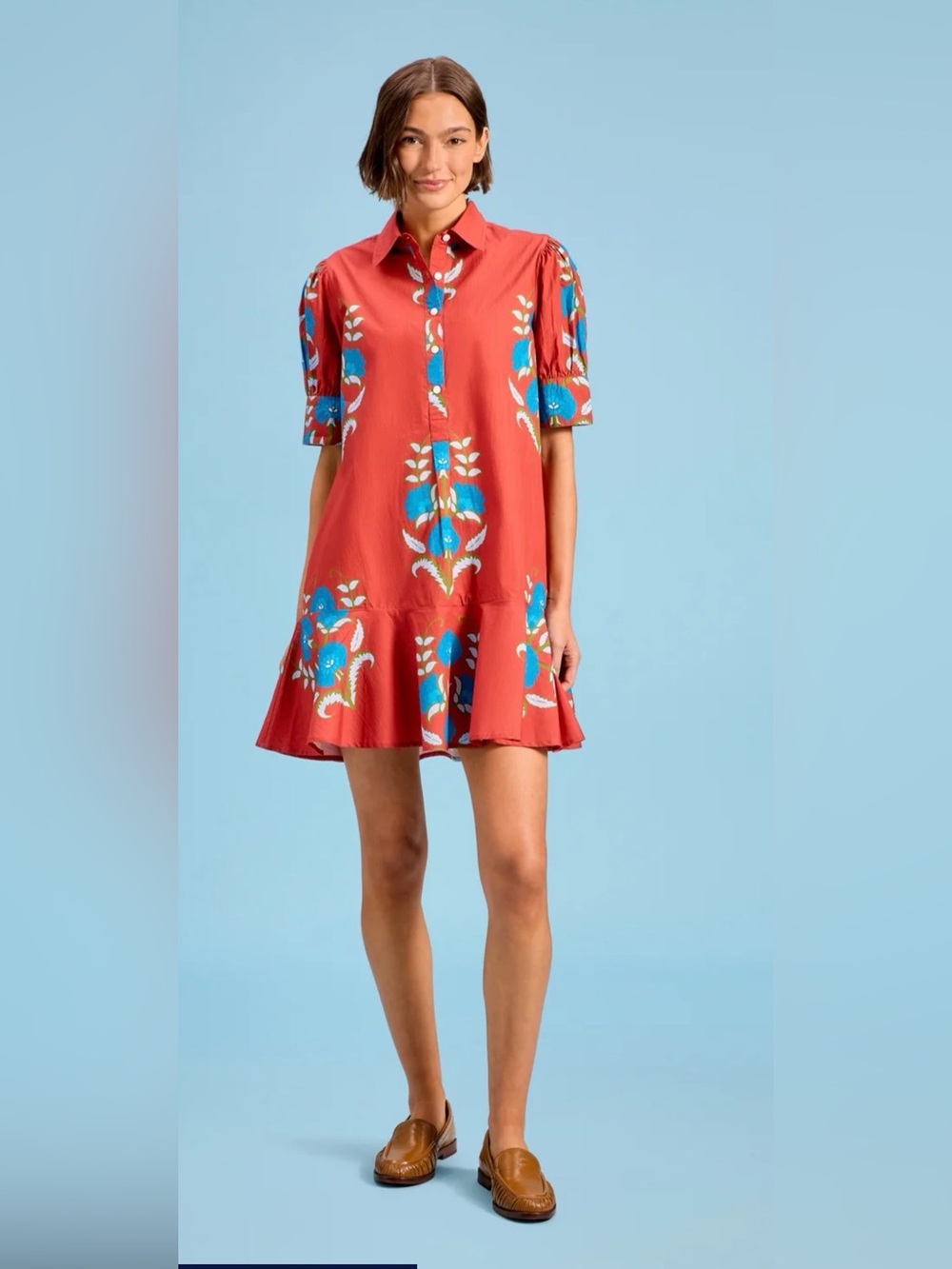 Floral Rust Button-Front Mini Shirt Dress